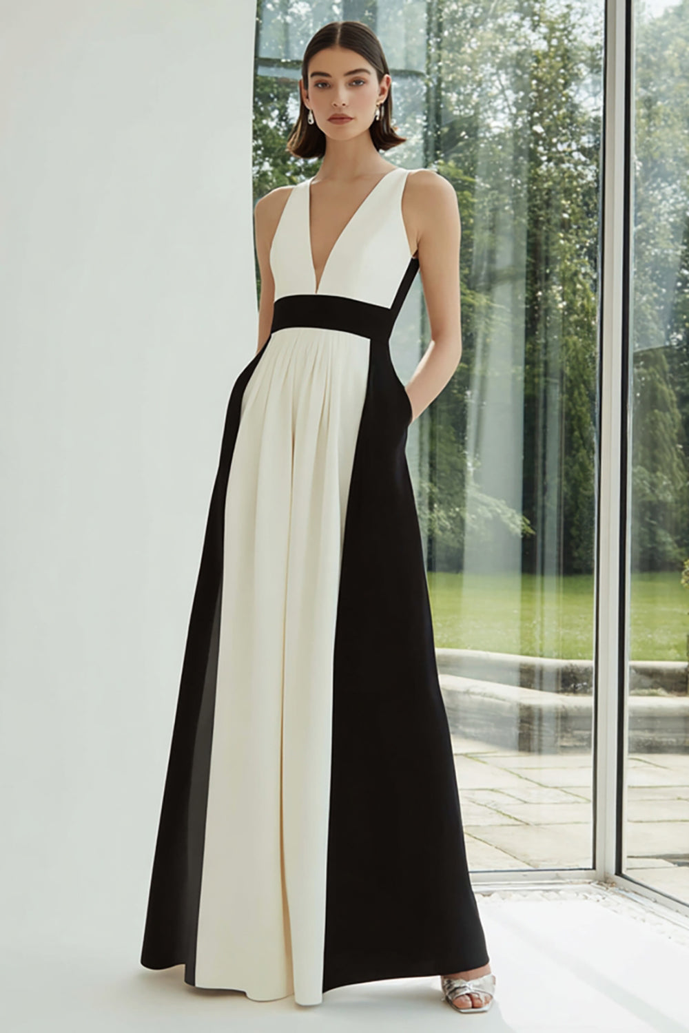 Schwarz und Weiß V-Ausschnitt Patchwork Lange Formelle Kleid mit Taschen