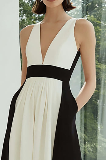 Schwarz und Weiß V-Ausschnitt Patchwork Lange Formelle Kleid mit Taschen