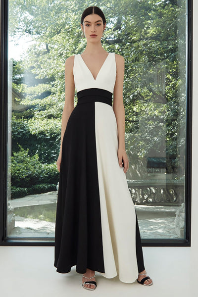 Schwarz und Weiß V-Ausschnitt Patchwork Lange A Linie Formelle Kleid