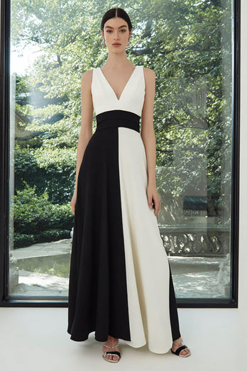 Schwarz und Weiß V-Ausschnitt Patchwork Lange A Linie Formelle Kleid