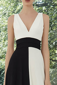 Schwarz und Weiß V-Ausschnitt Patchwork Lange A Linie Formelle Kleid