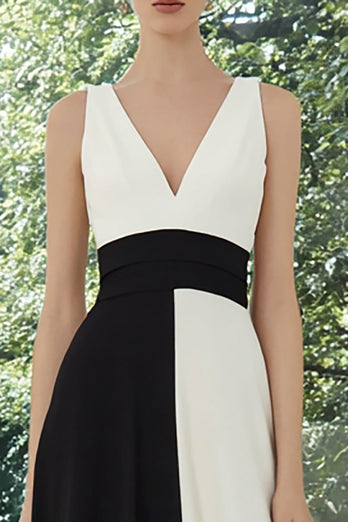 Schwarz und Weiß V-Ausschnitt Patchwork Lange A Linie Formelle Kleid