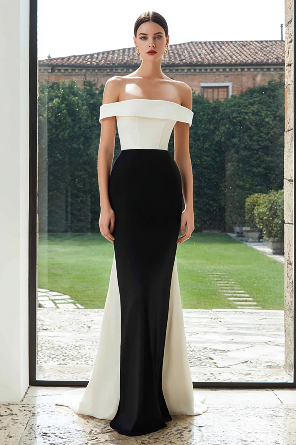 Einfaches Schwarz und Weiß Patchwork Lange Meerjungfrau Formelle Kleid