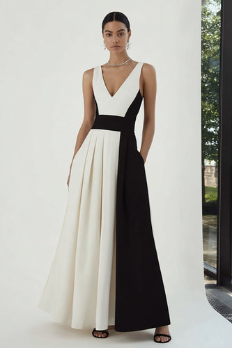 Schwarz und Weiß A Linie Patchwork Lange Formelle Kleid mit Taschen