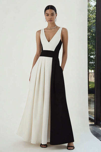 Schwarz und Weiß A Linie Patchwork Lange Formelle Kleid mit Taschen