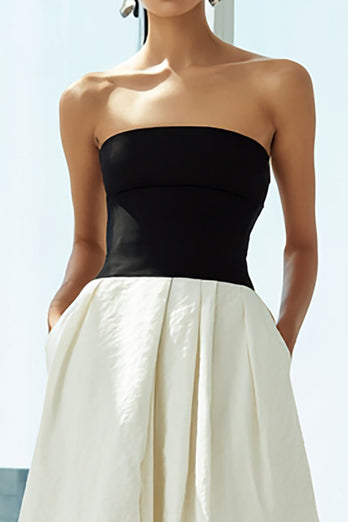 Einfaches Schwarz und Weiß A Linie Lange Trägerlos Formelle Kleid mit Taschen