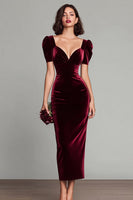 Laden Sie das Bild in den Galerie-Viewer, Leely Women Elegant Burgundy Velvet Holiday Party Dress Sheath Long Formal Dress with Sleeves