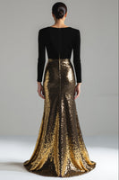 Laden Sie das Bild in den Galerie-Viewer, Glitzer Gold und Schwarz Samt V Ausschnitt Maxi Abendkleid mit Pailletten