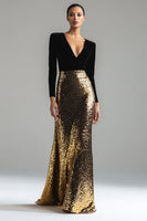 Laden Sie das Bild in den Galerie-Viewer, Leely Women Sparkly Gold and Black Velvet Sequin Dress Mermaid V-Neck Maxi Black Tie Dress with Sleeves Formal Dress Prom Dress