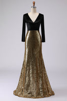 Laden Sie das Bild in den Galerie-Viewer, Glitzer Gold und Schwarz Samt V Ausschnitt Maxi Abendkleid mit Pailletten