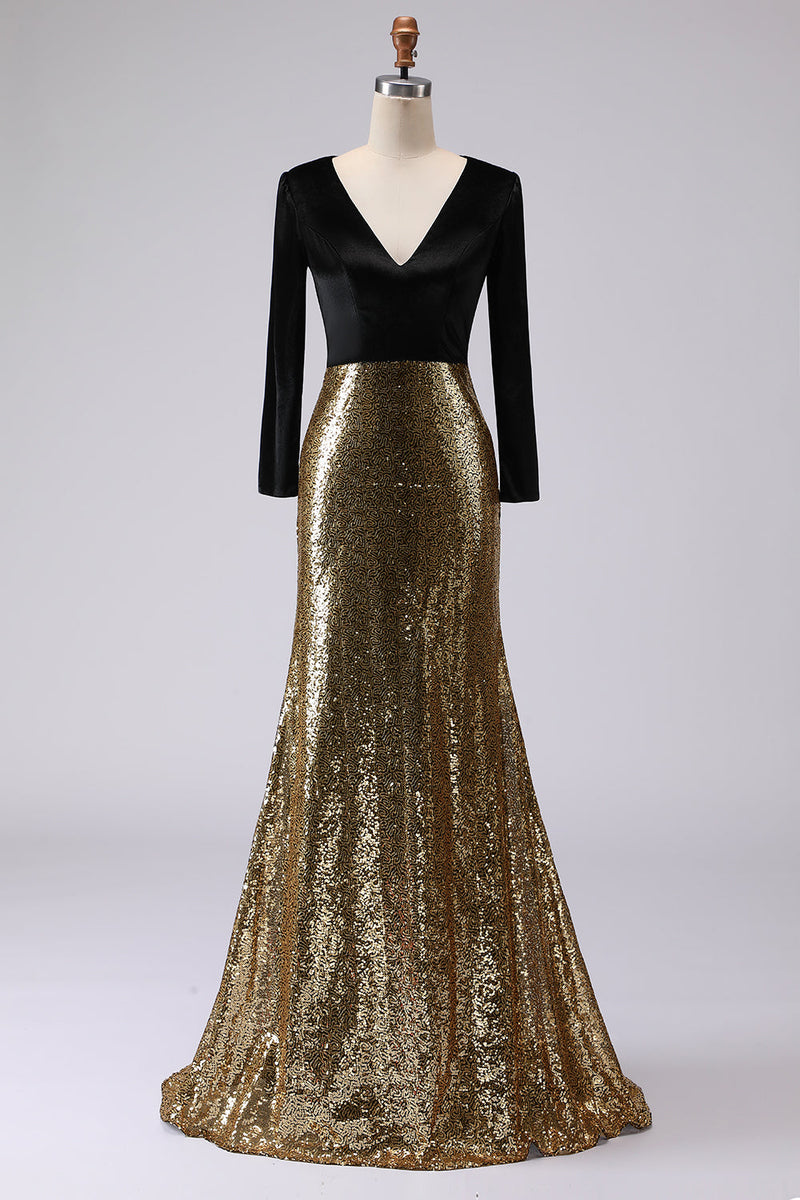 Laden Sie das Bild in den Galerie-Viewer, Glitzer Gold und Schwarz Samt V Ausschnitt Maxi Abendkleid mit Pailletten