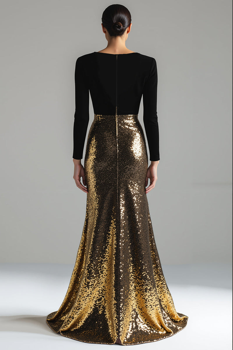 Laden Sie das Bild in den Galerie-Viewer, Glitzer Gold und Schwarz Samt V Ausschnitt Maxi Abendkleid mit Pailletten