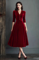 Laden Sie das Bild in den Galerie-Viewer, Burgund A Linien V Ausschnitt Midi Samt Festliches Kleid