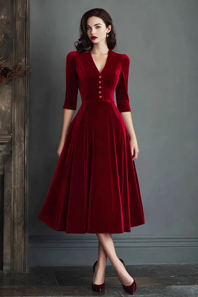 Laden Sie das Bild in den Galerie-Viewer, Burgund A Linien V Ausschnitt Midi Samt Festliches Kleid