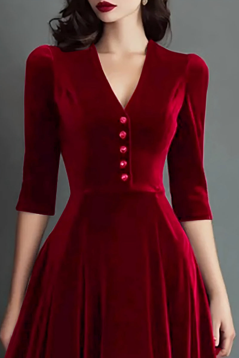 Laden Sie das Bild in den Galerie-Viewer, Burgund A Linien V Ausschnitt Midi Samt Festliches Kleid
