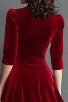Laden Sie das Bild in den Galerie-Viewer, Burgund A Linien V Ausschnitt Midi Samt Festliches Kleid