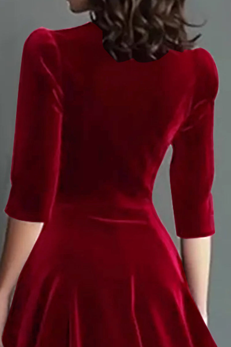 Laden Sie das Bild in den Galerie-Viewer, Burgund A Linien V Ausschnitt Midi Samt Festliches Kleid