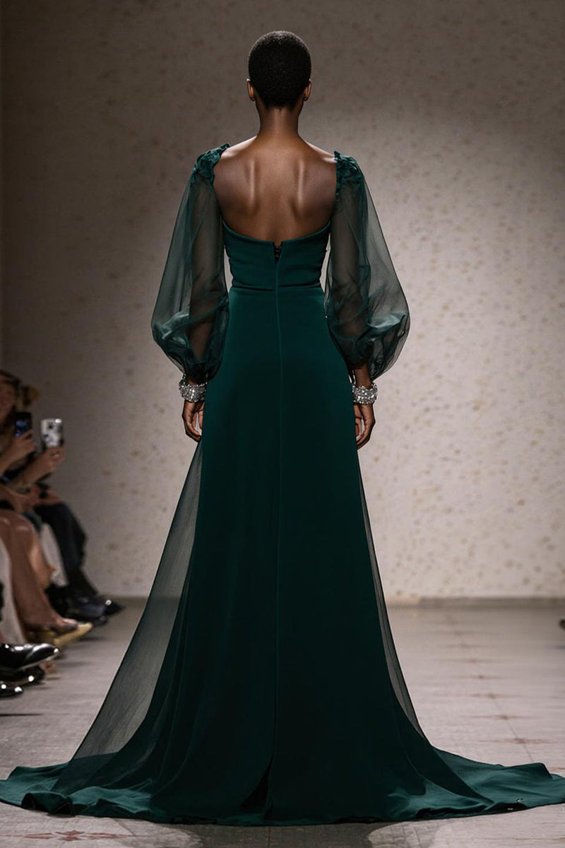 Laden Sie das Bild in den Galerie-Viewer, Dunkelgrün Quadratischer Ausschnitt Meerjungfrau Lange Gala Kleid mit Ärmel