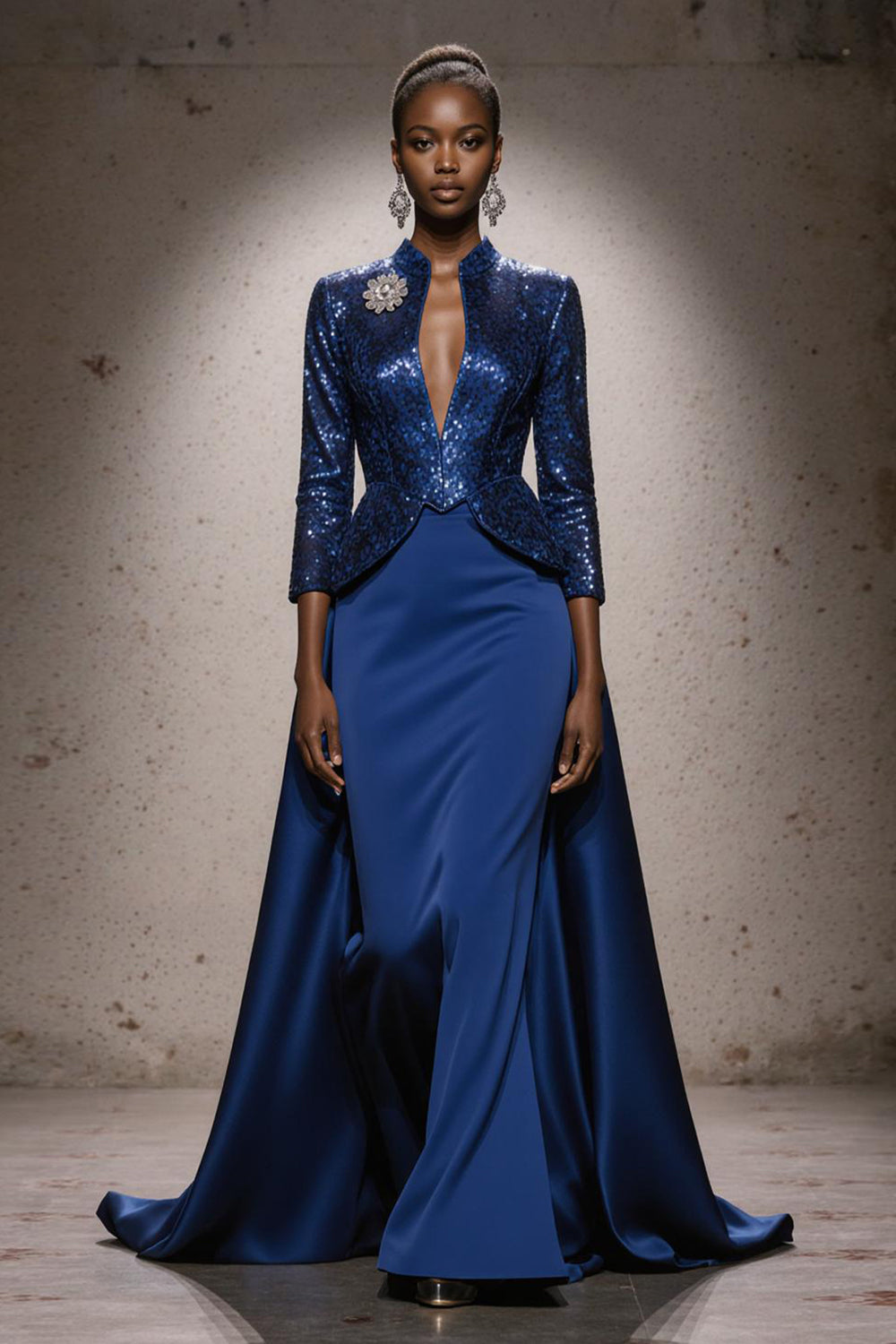 Glitzer Königsblau Hoher Ausschnitt Pailletten Meerjungfrau Lange Ball Kleid mit Cape