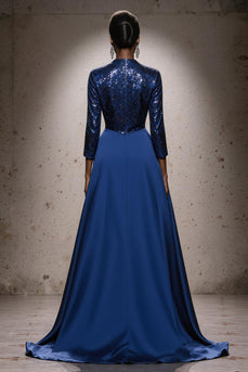 Glitzer Königsblau Hoher Ausschnitt Pailletten Meerjungfrau Lange Ball Kleid mit Cape