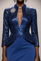 Laden Sie das Bild in den Galerie-Viewer, Glitzer Königsblau Hoher Ausschnitt Pailletten Meerjungfrau Lange Ball Kleid mit Cape