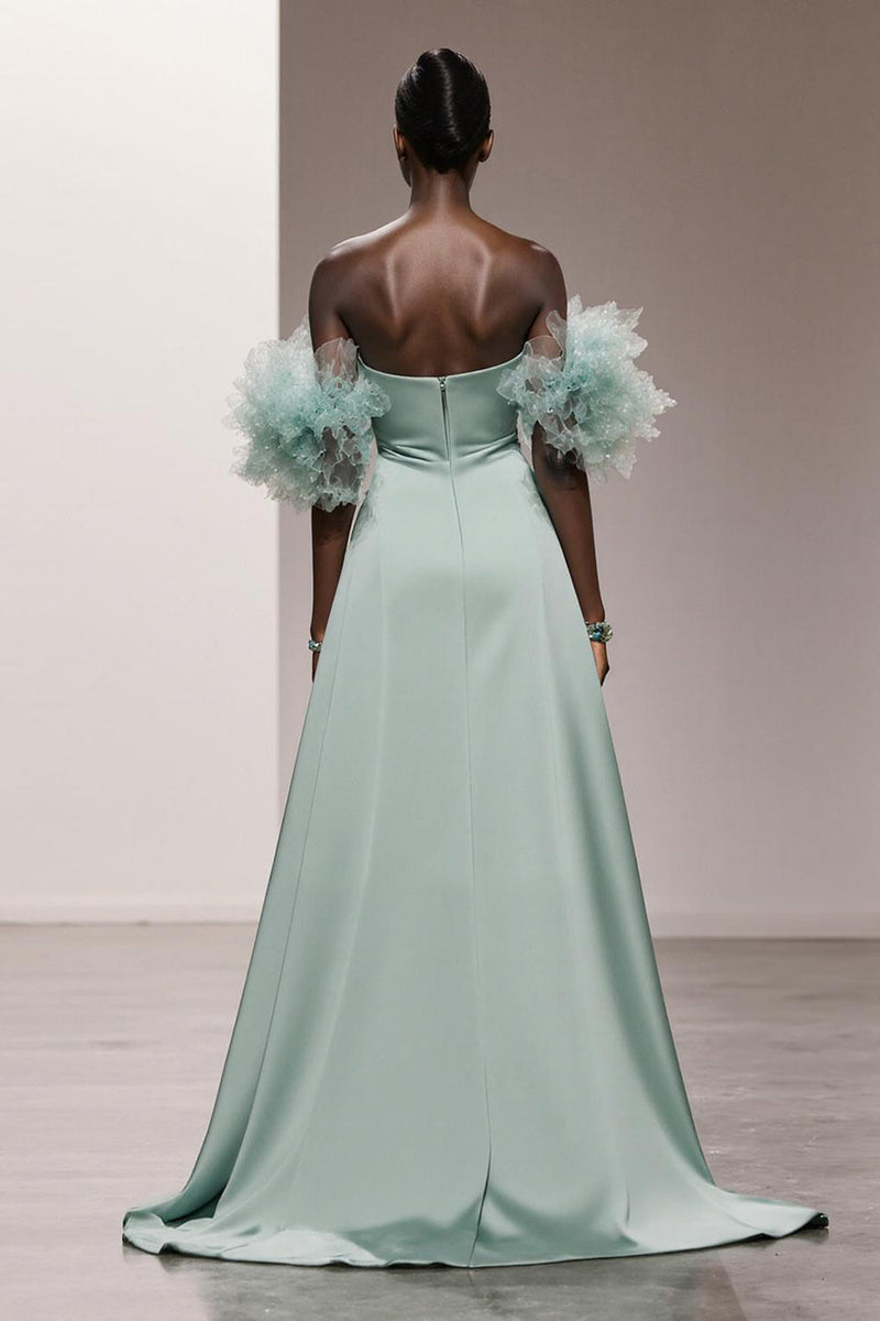 Laden Sie das Bild in den Galerie-Viewer, Mint Grün Trägerlos Satin Meerjungfrau Lange Formelle Kleid