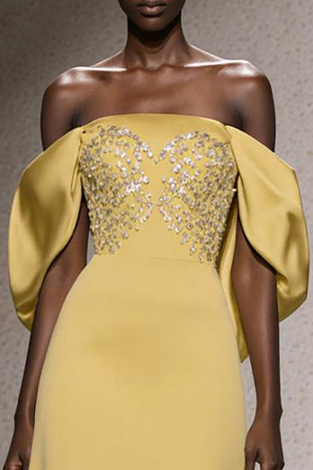 Glitzer Narzisse Schulterfreie Meerjungfrau Lange Ball Kleid mit Pailletten