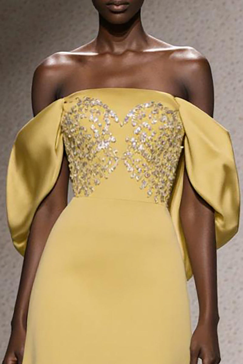 Laden Sie das Bild in den Galerie-Viewer, Glitzer Narzisse Schulterfreie Meerjungfrau Lange Ball Kleid mit Pailletten
