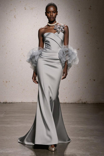 Silber Herzausschnitt Satin Geraffte Meerjungfrau Lange Formelle Kleid