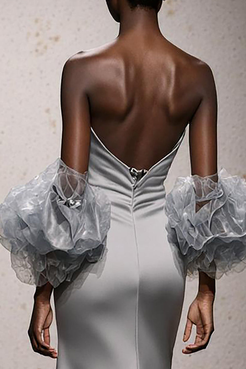 Laden Sie das Bild in den Galerie-Viewer, Silber Herzausschnitt Satin Geraffte Meerjungfrau Lange Formelle Kleid