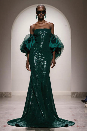 Glitzer Dunkelgrün Trägerlos Pailletten Meerjungfrau Lange Gala Kleid mit Ärmel
