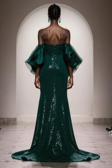 Glitzer Dunkelgrün Trägerlos Pailletten Meerjungfrau Lange Gala Kleid mit Ärmel