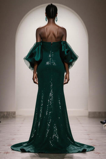 Glitzer Dunkelgrün Trägerlos Pailletten Meerjungfrau Lange Gala Kleid mit Ärmel