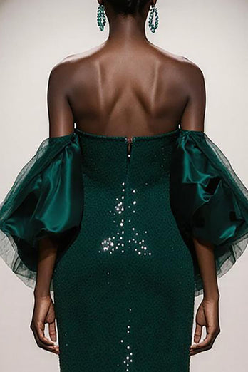 Glitzer Dunkelgrün Trägerlos Pailletten Meerjungfrau Lange Gala Kleid mit Ärmel
