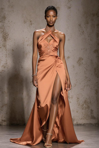 Glitzer Orange Neckholder Satin Meerjungfrau Lange Ball Kleid mit Perlen