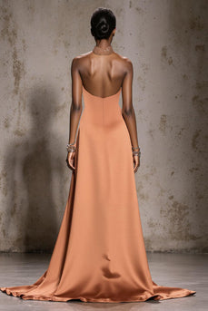 Glitzer Orange Neckholder Satin Meerjungfrau Lange Ball Kleid mit Perlen