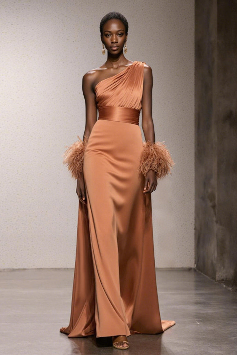 Laden Sie das Bild in den Galerie-Viewer, Orange Eine Schulter Satin Meerjungfrau Lange Formelle Kleid mit Federn