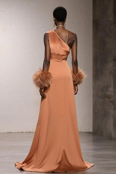 Orange Eine Schulter Satin Meerjungfrau Lange Formelle Kleid mit Federn