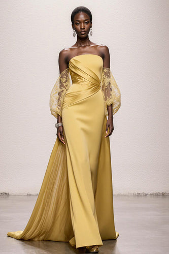 Narzisse Trägerlos Satin Geraffte Meerjungfrau Lange Ball Kleid mit Ärmel