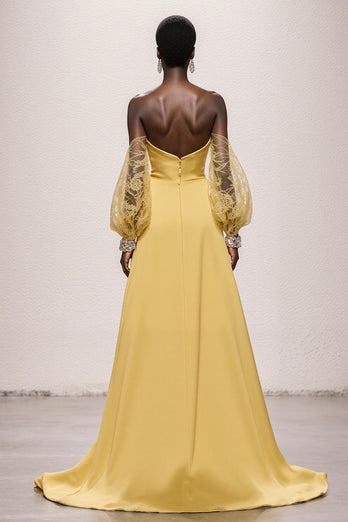 Narzisse Trägerlos Satin Geraffte Meerjungfrau Lange Ball Kleid mit Ärmel