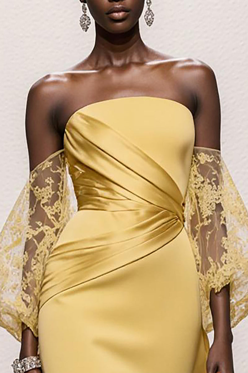 Laden Sie das Bild in den Galerie-Viewer, Narzisse Trägerlos Satin Geraffte Meerjungfrau Lange Ball Kleid mit Ärmel