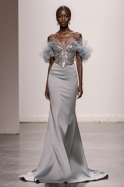 Glitzer Silber Schulterfreie Satin Meerjungfrau Lange Ball Kleid mit Pailletten