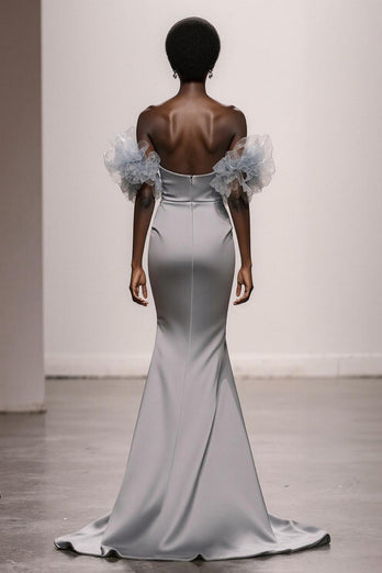 Glitzer Silber Schulterfreie Satin Meerjungfrau Lange Ball Kleid mit Pailletten