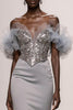 Laden Sie das Bild in den Galerie-Viewer, Glitzer Silber Schulterfreie Satin Meerjungfrau Lange Ball Kleid mit Pailletten