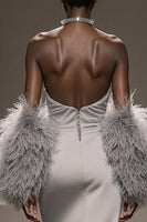 Laden Sie das Bild in den Galerie-Viewer, Silber Satin Trägerlos Meerjungfrau Lange Formelle Kleid mit Schlitz