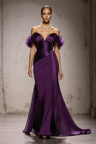 Lilac Satin Schulterfreie Meerjungfrau Lange Formelle Kleid mit Federn