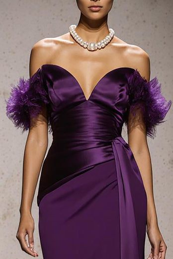 Lilac Satin Schulterfreie Meerjungfrau Lange Formelle Kleid mit Federn