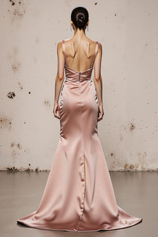 Hellrosa Spaghettiträger Satin Meerjungfrau Lange Abendkleid mit Schlitz