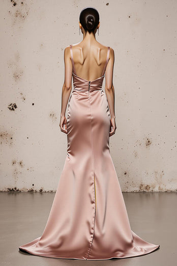 Hellrosa Spaghettiträger Satin Meerjungfrau Lange Abendkleid mit Schlitz