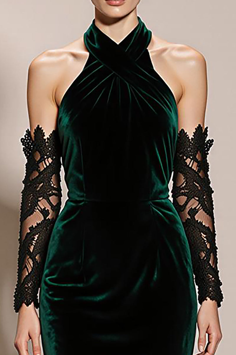 Laden Sie das Bild in den Galerie-Viewer, Dunkelgrün Samt Neckholder Meerjungfrau Lange Formelle Kleid